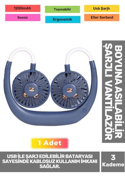 Premium Sessiz Sarı Eller Serbest Boyuna Asılabilir Şarjlı 3 Kademeli Vantilatör Klima Soğutucu Fan