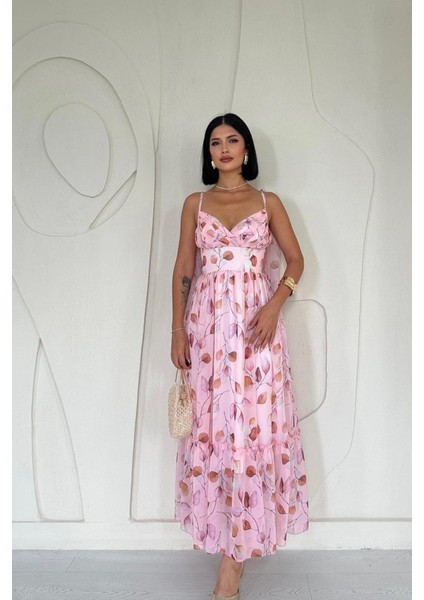 Pudra Şifon Drapeli Elbise