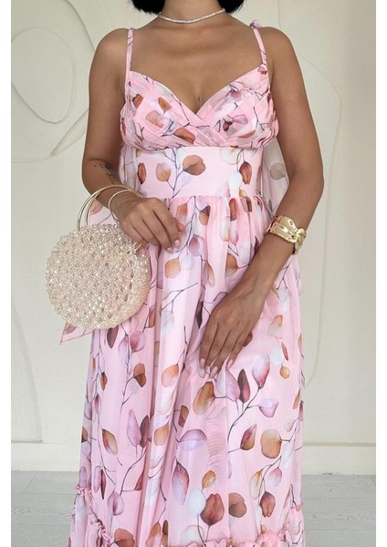 Pudra Şifon Drapeli Elbise modelleri