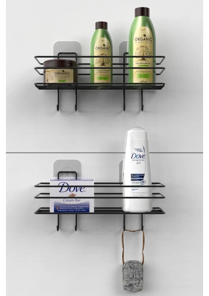 Banyo Rafı Banyo Şampuanlık Duşakabin Duş Askısı Yapışkanlı 4 Kancalı Set