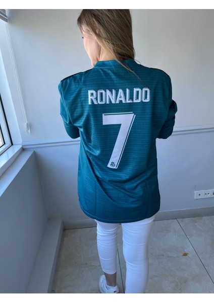 Cristiona Ronaldo Turkuaz 2018/ Sezon Şampiyonlar Ligi Real Madrid Uzun Kol Yetişkin T-Shrt Forması