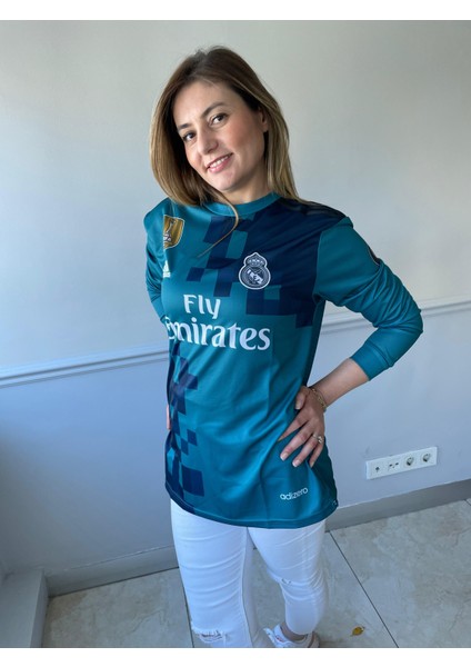 Cristiona Ronaldo Turkuaz 2018/ Sezon Şampiyonlar Ligi Real Madrid Uzun Kol Yetişkin T-Shrt Forması