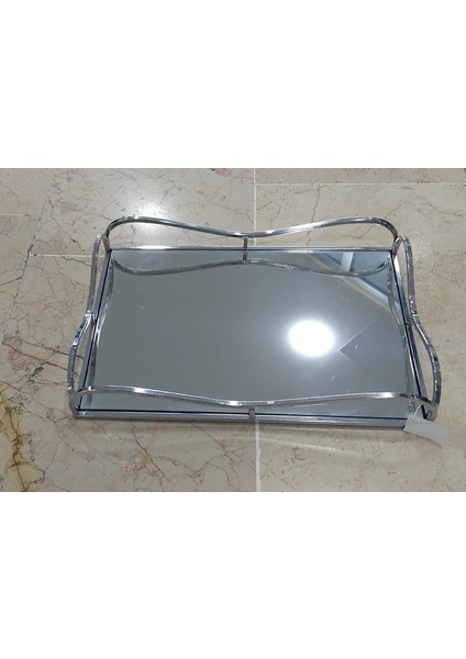 Gümüş Aynalı Dikdörtgen Tepsi 30X20CM Mutfak Çay Kahve Sofra Tip Sunum Şık Ev Estetik 1 Adet