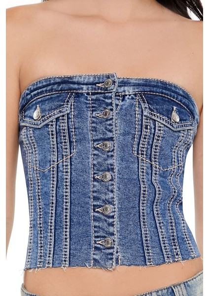 Denim Düğme Detaylı Bluz