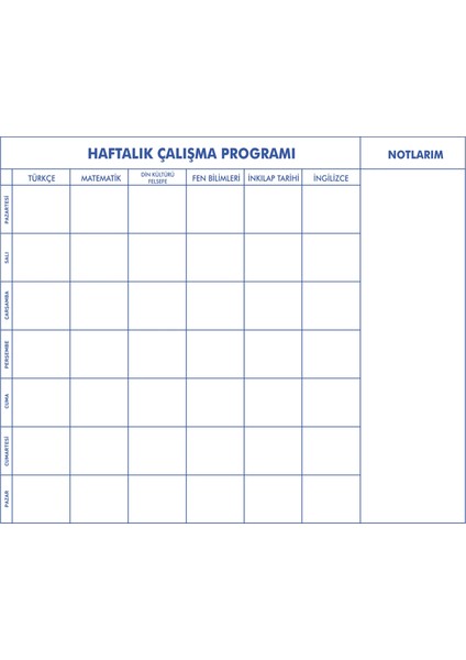 Statik Kağıt 5-6-7-8.sınıf Haftalık Ders Çalışma Programı 100 cm x 120 cm Yktsn