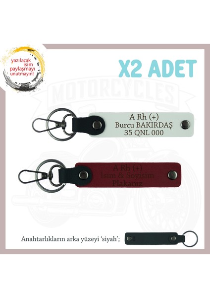 Bikerlar Isim Plaka ve A Rh (+) Kan Grubu Yazılı Deri X2 Anahtarlık Hediyelik Takım, Beyaz-Bordo-Syh
