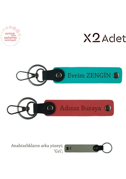 Babaya 14 Şubat Jest, Isimli 2’li Anahtarlık Takımı, Nar Çiçeği-Koyu Turkuaz-Gri