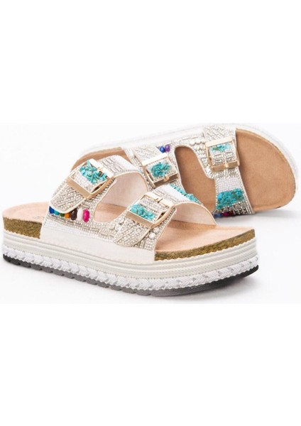 Kadın Mantar Platform Taban Taşlı Çift Tokalı Terlik Deri Kahverengi Konforlu Kullanım