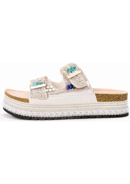 Kadın Mantar Platform Taban Taşlı Çift Tokalı Terlik Deri Kahverengi Konforlu Kullanım fiyatları