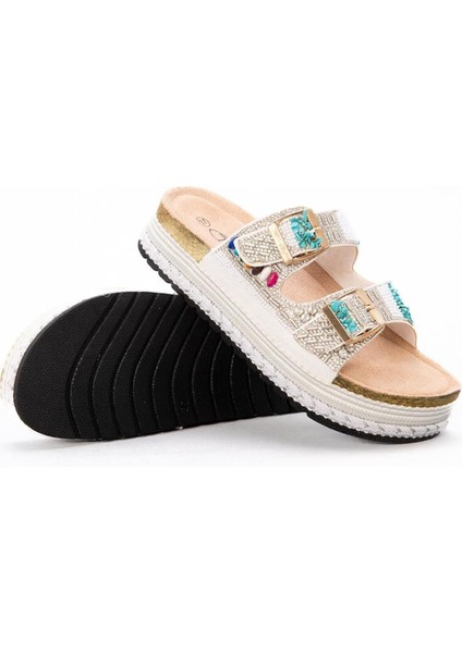 Kadın Mantar Platform Taban Taşlı Çift Tokalı Terlik Deri Kahverengi Konforlu Kullanım fırsatları