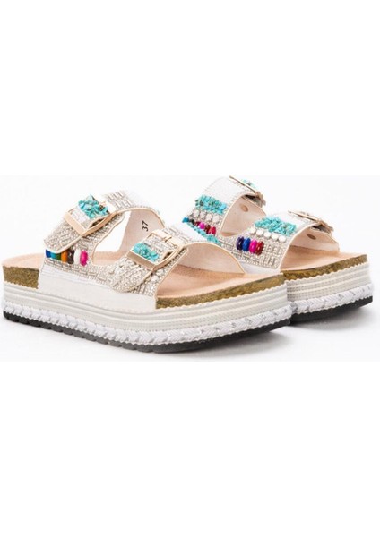 Kadın Mantar Platform Taban Taşlı Çift Tokalı Terlik Deri Kahverengi Konforlu Kullanım indirimleri