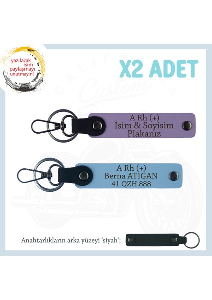 Hız Severlere Özel Armağan, Isim Plaka ve A Rh (+) Kan Grubu Yazılı X2 Anahtarlık Set, Mor-Mavi-Syh