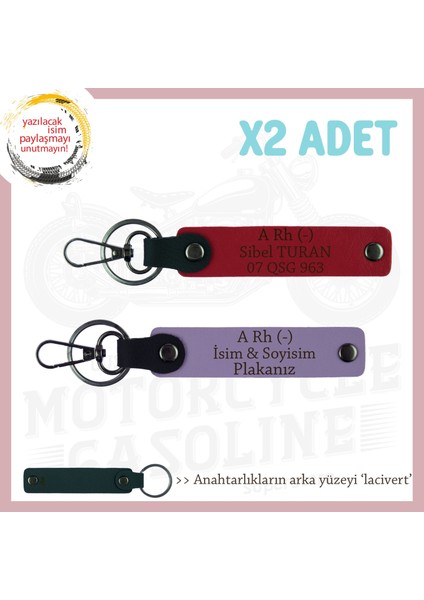 Yol Arkadaşlarına Özel, Isim Plaka ve A Rh (-) Kan Grubu Kişisel X2' Li Anahtarlık, Mor-Kırmızı-Laci