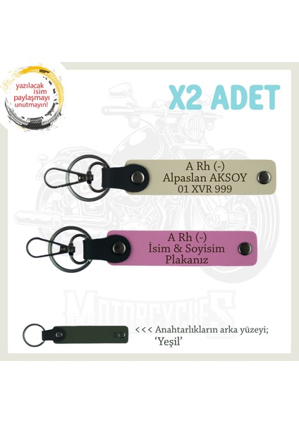 Motorcu Dostlara Özel, Isim Plaka ve A Rh (-) Kan Grubu Yazılı Deri X2 Anahtarlık, Pembe-S Kahve-Ysl