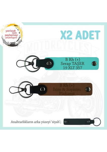 Isim Plaka ve B Rh (+) Kan Grubu Yazılı Kişiselleştirilen 2'li Hediye Anahtarlık, Kahve-Turkuaz-Syh