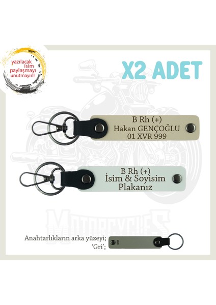 Motosiklet Maceracıları, Isim Plaka ve B Rh + Kan Grubu Acil Durum Anahtarlığı X2, Beyaz-S Kahve-Gr