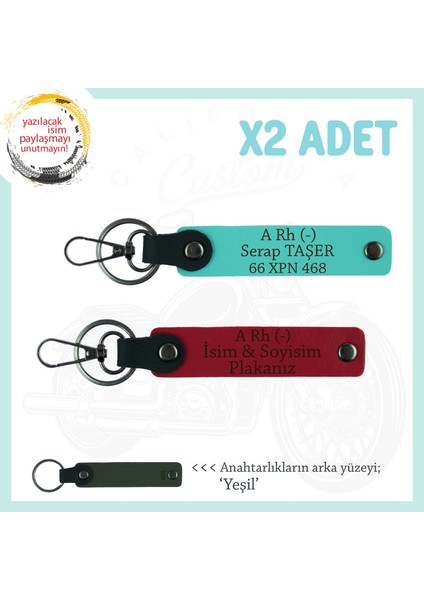 Hızlılar Için Isim Plaka ve A Rh (-) Kan Grubu Yazılı X2 Anahtarlık Armağan Set, Kırmızı-Turkuaz-Ysl
