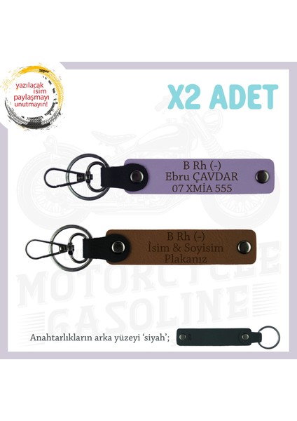 Motorcu Dostlara Hatıra, Isim Plaka ve B Rh (-) Kan Grubu Yazılı Özel X2 Anahtarlık, Kahve-Mor-Syh