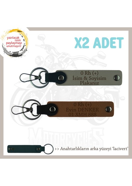 Motor Severlere Isim Plaka ve 0 Rh (+) Kan Grubu Yazılı Doğum Günü X2 Anahtarlık, Kül Gri-Kahve-Laci
