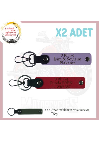 Yol Arkadaşlarına Özel, Isim Plaka, 0 Rh (+) Kan Grubu Yazılı Kişisel X2 Anahtarlık, Mor-Kırmızı-Ysl