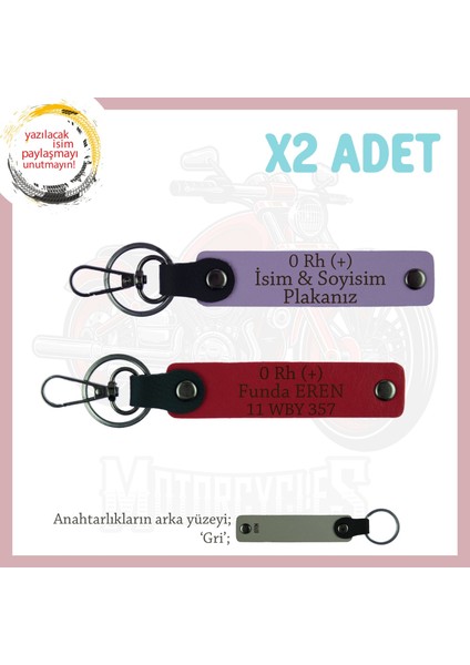 Yol Arkadaşlarına Özel Isim Plaka ve 0 Rh (+) Kan Grubu Yazılı Kişisel X2 Anahtarlık, Mor-Kırmızı-Gr
