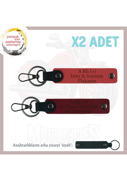 Motorsiklet Tarzına Özel Isim Plaka ve A Rh (+) Kan Grubu Yazılı X2 Anahtarlık, Nar Çiçeği-Bordo-Syh