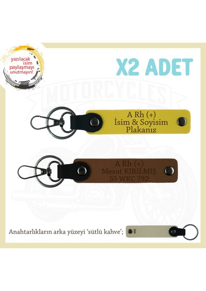 Motorsiklet Tutkunlarına, Isim Plaka ve A Rh (+) Kan Grubu Yazılı X2 Anahtarlık Set, Kahve-Sarı-Sk