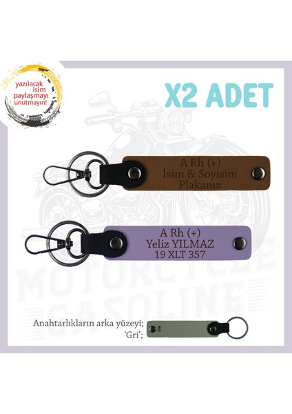Motorcu Dostlara, Isim Plaka ve A Rh (+) Kan Grubu Yazılı Özel X2' Li Anahtarlık Takım, Kahve-Mor-Gr