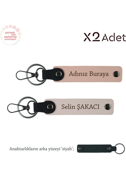 Kankaya Doğum Günü Armağanı, Isimli & Soyisimli 2’li Anahtarlık Hediye Takım, Yavru Ağzı-Pudra-Siyah