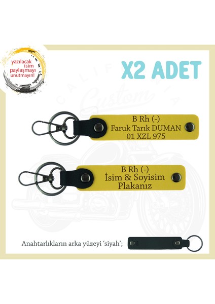 Ilk Araba Alana Çok Anlamlı Hediye Isim Plaka ve B Rh (-) Kan Grubu Yazılı 2'li Anahtarlık, Sarı-Syh