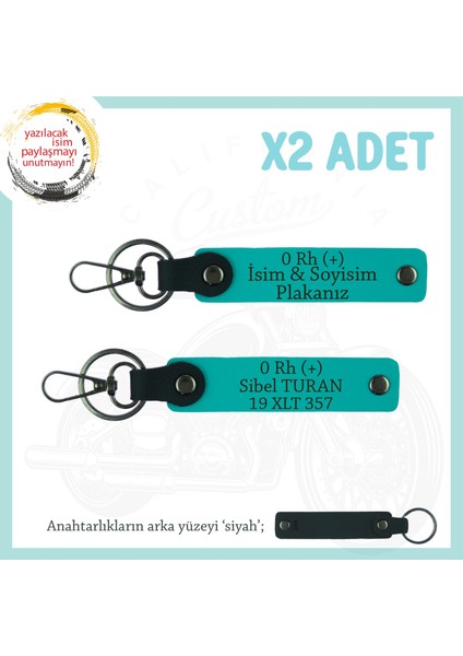 Akülü Arabaya Uygun Hediye, Isim Plaka ve 0 Rh (+) Kan Grubu Yazılı 2'li Anahtarlık, K Turkuaz-Syh