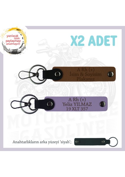 Motorcu Dostlara Hatıra, Isim Plaka ve A Rh (+) Kan Grubu Yazılı Özel X2 Anahtarlık, Kahve-Mor-Syh