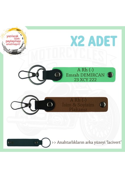 Bikerlar Için Isim Plaka ve A Rh (-) Kan Grubu Yazılı Hediyelik 2' Li Anahtarlık, Kahve-F Yeşil-Laci
