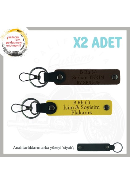 Ilk Motoru Olana Hediye, Isim Plaka ve B Rh (-) Kan Grubu Yazılı 2'li Anahtarlık, Sarı-K Kahve-Syh
