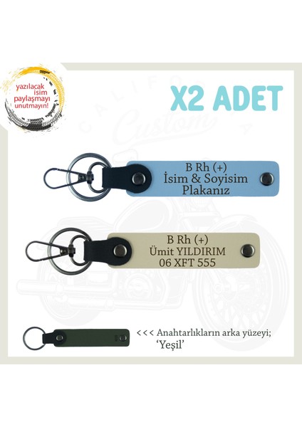 Motorcu Tarzına Uygun Isim Plaka ve B Rh (+) Kan Grubu Yazılı X2 Anahtarlık Hediye, Mavi-S Kahve-Ysl