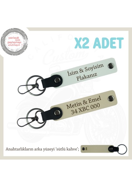 Fark Yaratan Hediye Seçeneği – 2’li Deri Anahtarlık Kişisel Tasarımlı Plaka & Isim, Beyaz-S Kahve-Sk