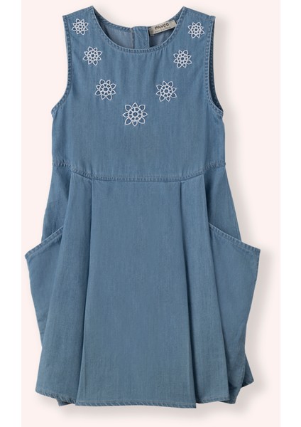 Kız Çocuk Nakış Detaylı Kot Mavi Elbise