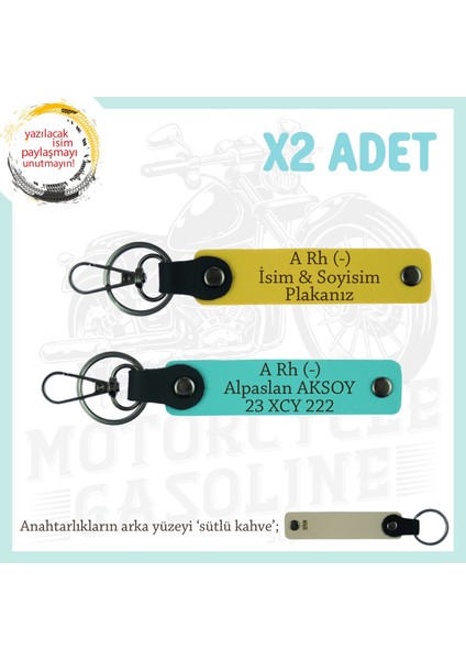 Motor Severlere, Isim Plaka ve A Rh (-) Kan Grubu Yazılı Özel Tasarım X2 Anahtarlık, Sarı-Turkuaz-Sk