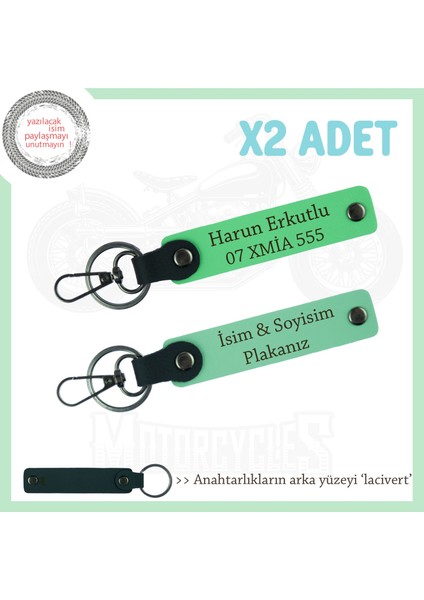 Kullanışlı ve Şık Tasarım – Plaka ve Isim Yazılı Deri Anahtarlık Çift, Hediye, Yeşil-F Yeşil-Laci