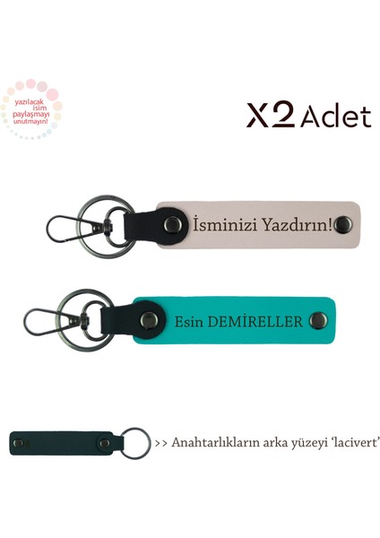 Sevgiliye Romantik Armağan, Isim Yazılı 2’li Anahtarlık Seti, Pudra-Koyu Turkuaz-Lacivert