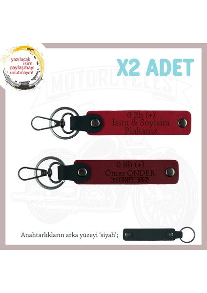 Yol Arkadaşlarına, Isim Plaka ve 0 Rh (+) Yazılı Kişiselleştirilmiş X2 Anahtarlık, Kırmızı-Bordo-Syh