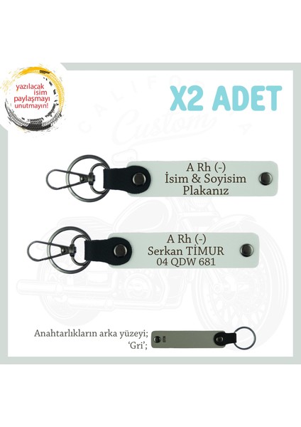 Motor Stiline Uygun Isim Plaka ve A - Kan Grubu Yazılı Hediyelik Deri X2 Anahtarlık Seti, Beyaz-Gr