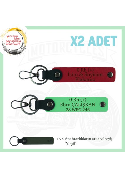 Motor Tutkunlarına, Isim Plaka ve 0 Rh (+) Kan Grubu Yazılı X2 Anahtarlık Set, Kırmızı-F Yeşil-Ysl