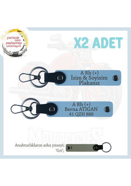 Yol Arkadaşlarına, Isim Plaka ve A Rh + Kan Grubu Yazılı Acil Durum 2'li Anahtarlık Takımı, Mavi-Gr