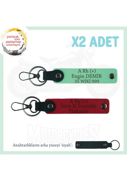 Motor Sürücüsüne Isim Plaka ve A Rh (+) Kan Grubu Yazılı 2' Li Anahtarlık Hediye, Kırmızı-Yeşil-Syh