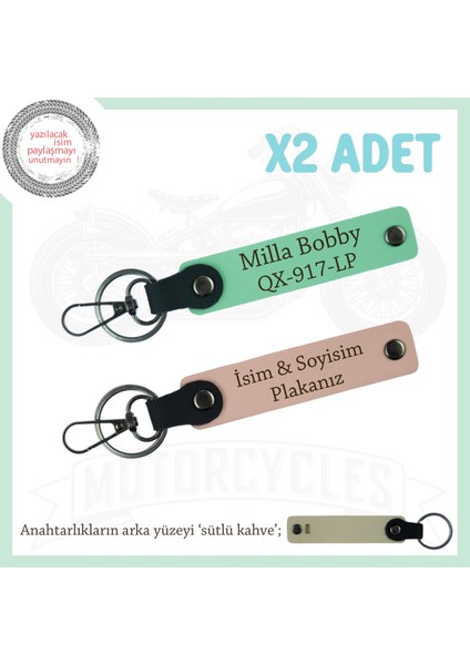 Hediye Edilebilir Deri Anahtarlık Seti, Plaka ve Isimle Özelleştirilmiş X2 Takım, Yavruağzı-Yeşil-Sk