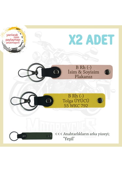 Motorcu Dostlara, Isim Plaka ve B Rh (-) Kan Grubu 2'li Anahtarlık Hediyelik Set, Yavruağzı-Sarı-Ysl