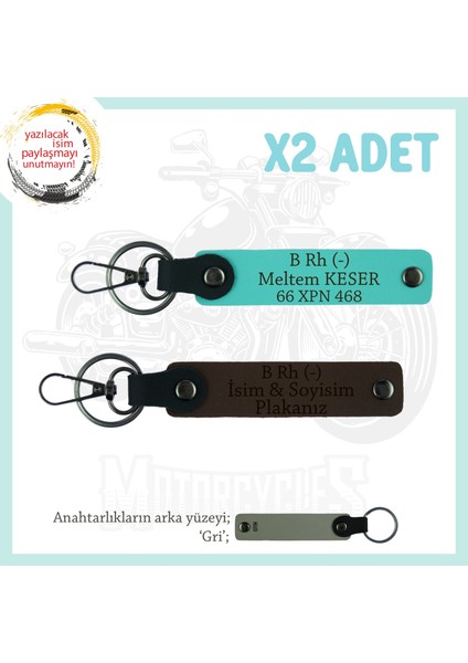Motor Severlere Hediye, Isim Plaka ve B Rh (-) Kan Grubu Yazılı X2'li Anahtarlık, K Kahve-Turkuaz-Gr