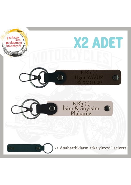 Motosiklet Severlere Özel, Isim Plaka ve B Rh (-) Kan Grubu Yazılı X2 Anahtarlık, Pudra-K Kahve-Laci