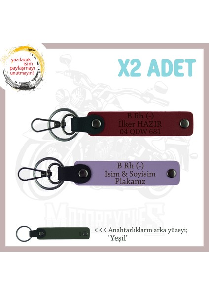 Otomobil Sahipleri Için Isim Plaka ve B Rh (-) Kan Grubu Yazılı 2' Li Anahtarlık Set, Mor-Bordo-Ysl